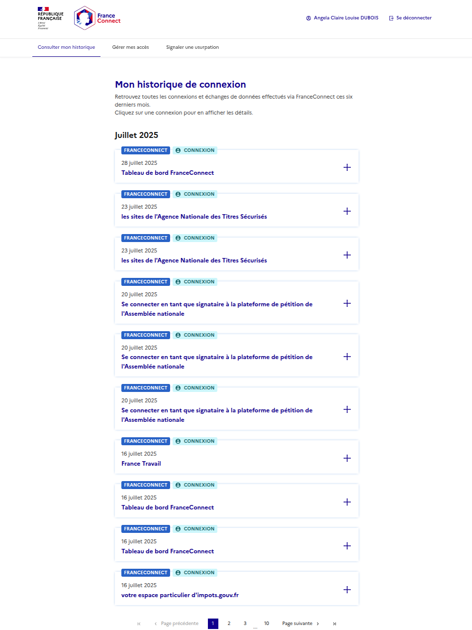 Page d'historique de connexion FranceConnect